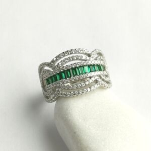 Art Deco Cocktail Ring White Sapphire Emerald in Sterling Silver 🆕
